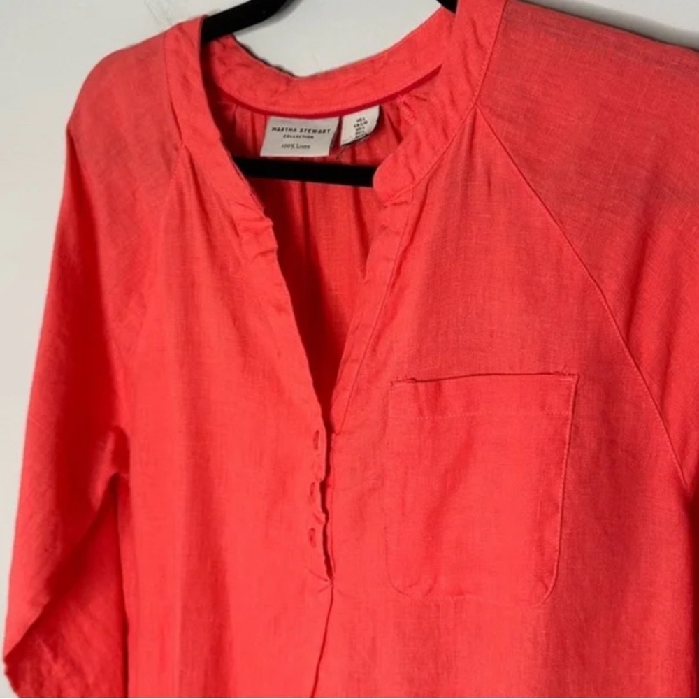 Martha Stewart Linen Henley Shirt Dress - Roll Tab Sleeve - Pockets - Coral XS - Picture 4 of 10